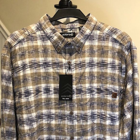 SOLARIS Mens Khaki Navy Blue Graphic Button Down Long Sleeve Shirt Sz 3XLT NWT - Picture 7 of 11